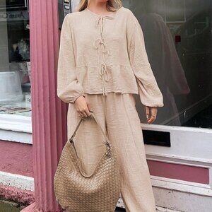 Apricot Casual Women's Lantern Sleeve Tie Waist Top & High Waist Pants Set